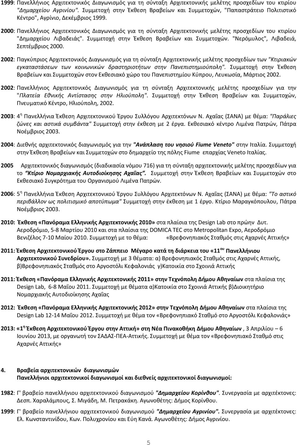 2000: Πανελλήνιος Αρχιτεκτονικός Διαγωνισμός για τη σύνταξη Αρχιτεκτονικής μελέτης προσχεδίων του κτιρίου "Δημαρχείου Λιβαδειάς". Συμμετοχή στην Έκθεση Βραβείων και Συμμετοχών.