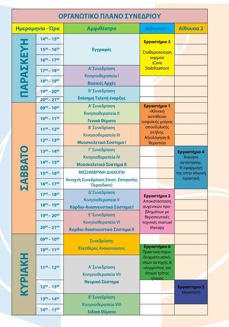 00 Μυοσκελετικό Σύστημα Ι 13 00 00 14 Γ Συνεδρίαση Κινησιοθεραπεία ΙV 14 00 15 00 Μυοσκελετικό Σύστημα ΙΙ 15 00 16 00 ΜΕΣΗΜΒΡΙΝΗ ΔΙΑΚΟΠΗ Ανοιχτή Συνεδρίαση Επιστ.