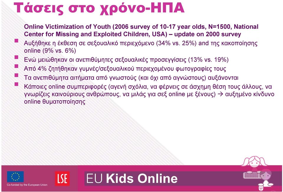 19%) Από 4% ζητήθηκαν γυμνές/σεξουαλικού περιεχομένου φωτογραφίες τους Τα ανεπιθύμητα αιτήματα από γνωστούς (και όχι από αγνώστους) αυξάνονται Κάποιες online