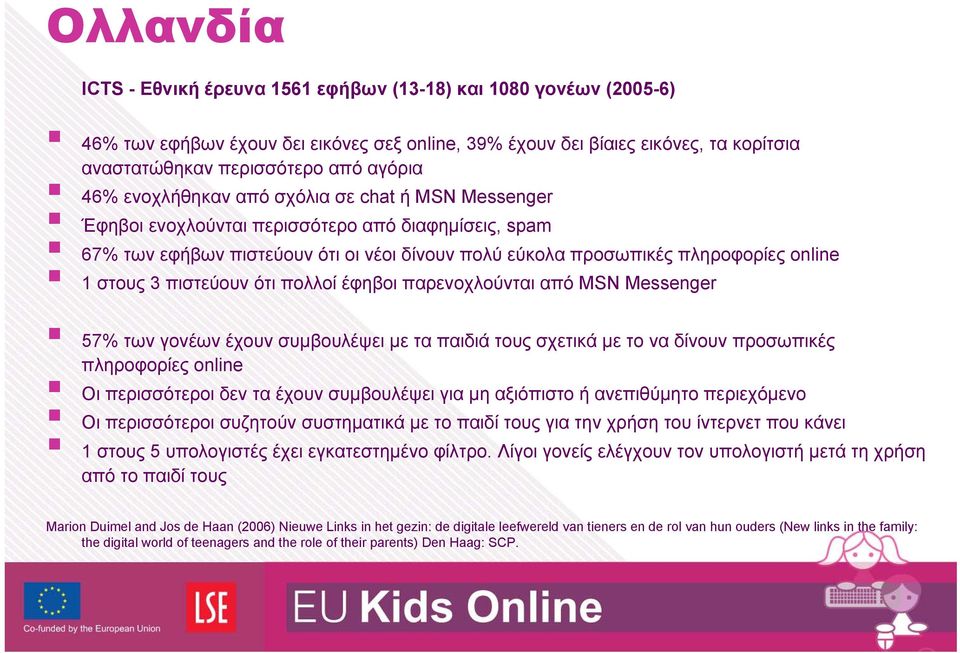 πιστεύουν ότι πολλοί έφηβοι παρενοχλούνται από MSN Messenger 57% των γονέων έχουν συμβουλέψει με τα παιδιά τους σχετικά με το να δίνουν προσωπικές πληροφορίες online Οι περισσότεροι δεν τα έχουν