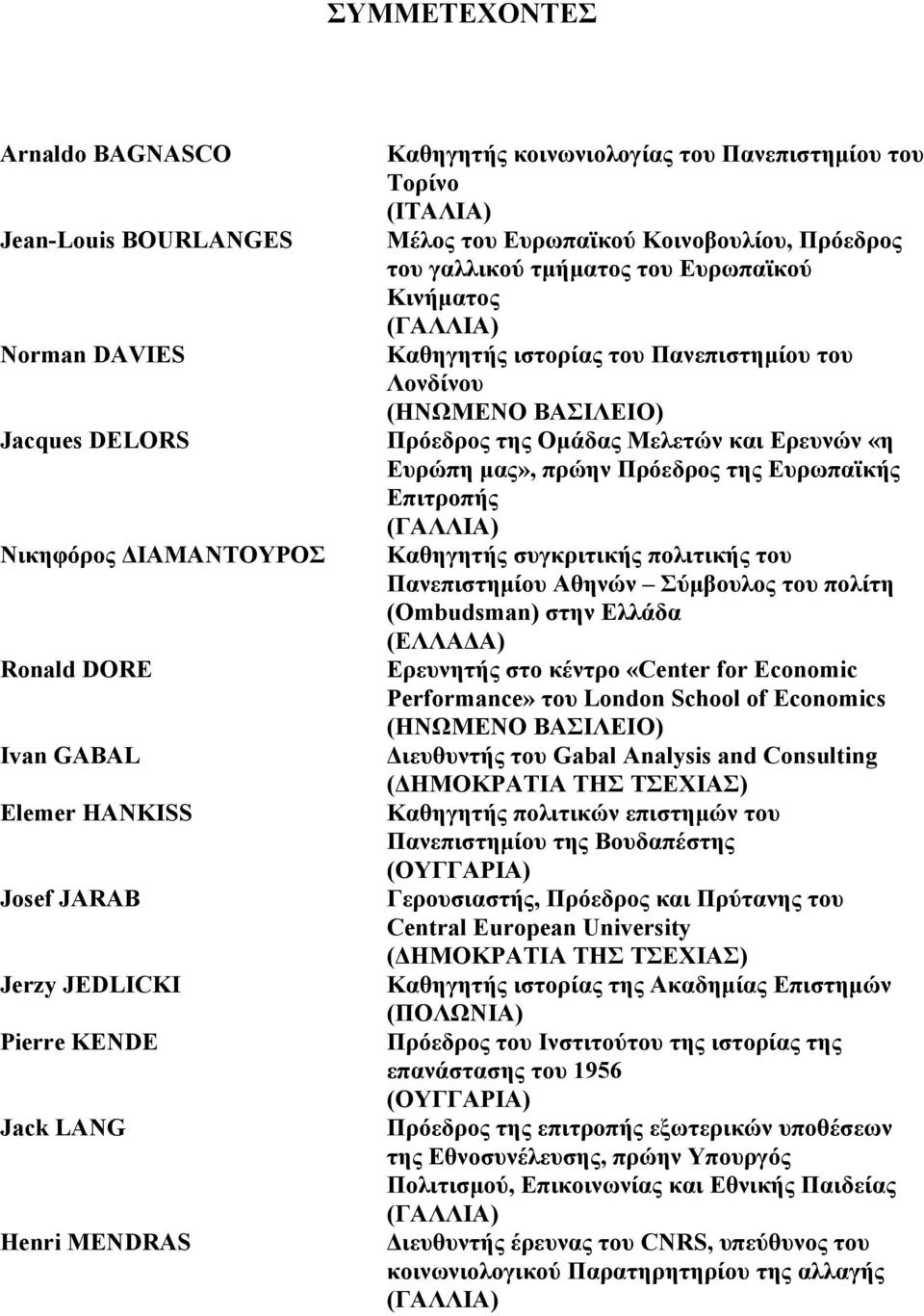 Επιτροπής (ΓΑΛΛΙΑ) Νικηφόρος ΔΙΑΜΑΝΤΟΥΡΟΣ Ronald DORE Ivan GABAL Elemer HANKISS Josef JARAB Jerzy JEDLICKI Pierre KENDE Jack LANG Henri MENDRAS Καθηγητής συγκριτικής πολιτικής του Πανεπιστημίου