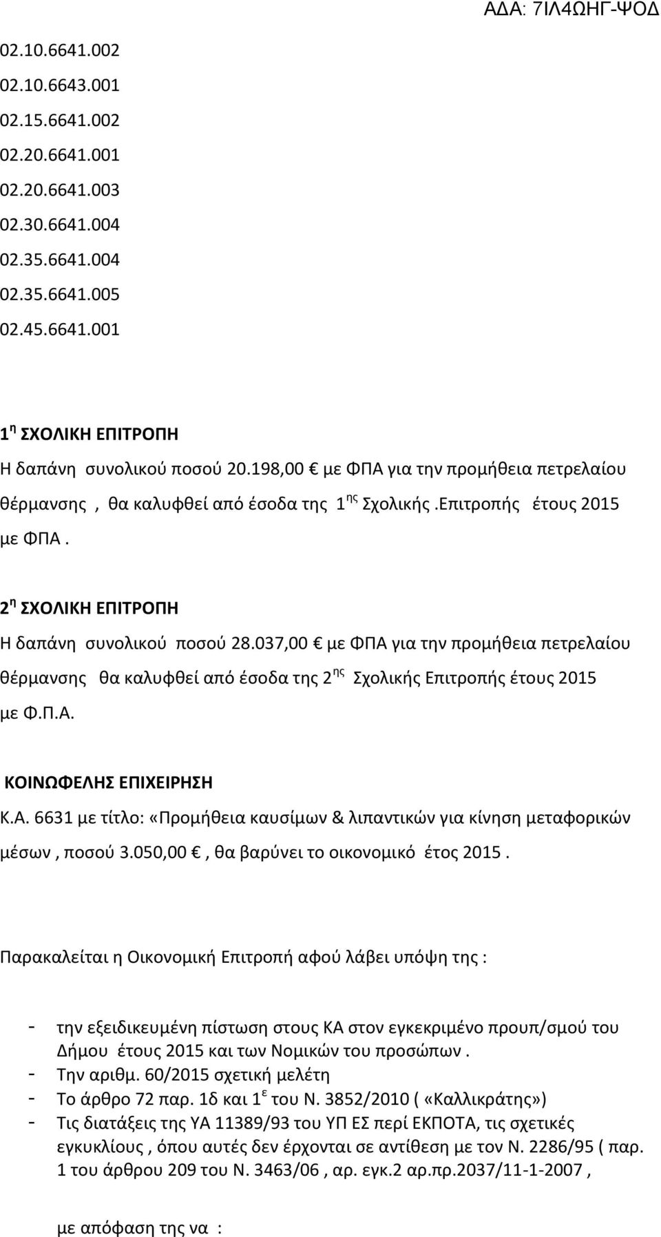 037,00 με ΦΠΑ για την προμήθεια πετρελαίου θέρμανσης θα καλυφθεί από έσοδα της 2 ης Σχολικής Επιτροπής έτους 2015 με Φ.Π.Α. ΚΟΙΝΩΦΕΛΗΣ ΕΠΙΧΕΙΡΗΣΗ Κ.Α. 6631 με τίτλο: «Προμήθεια καυσίμων & λιπαντικών για κίνηση μεταφορικών μέσων, ποσού 3.