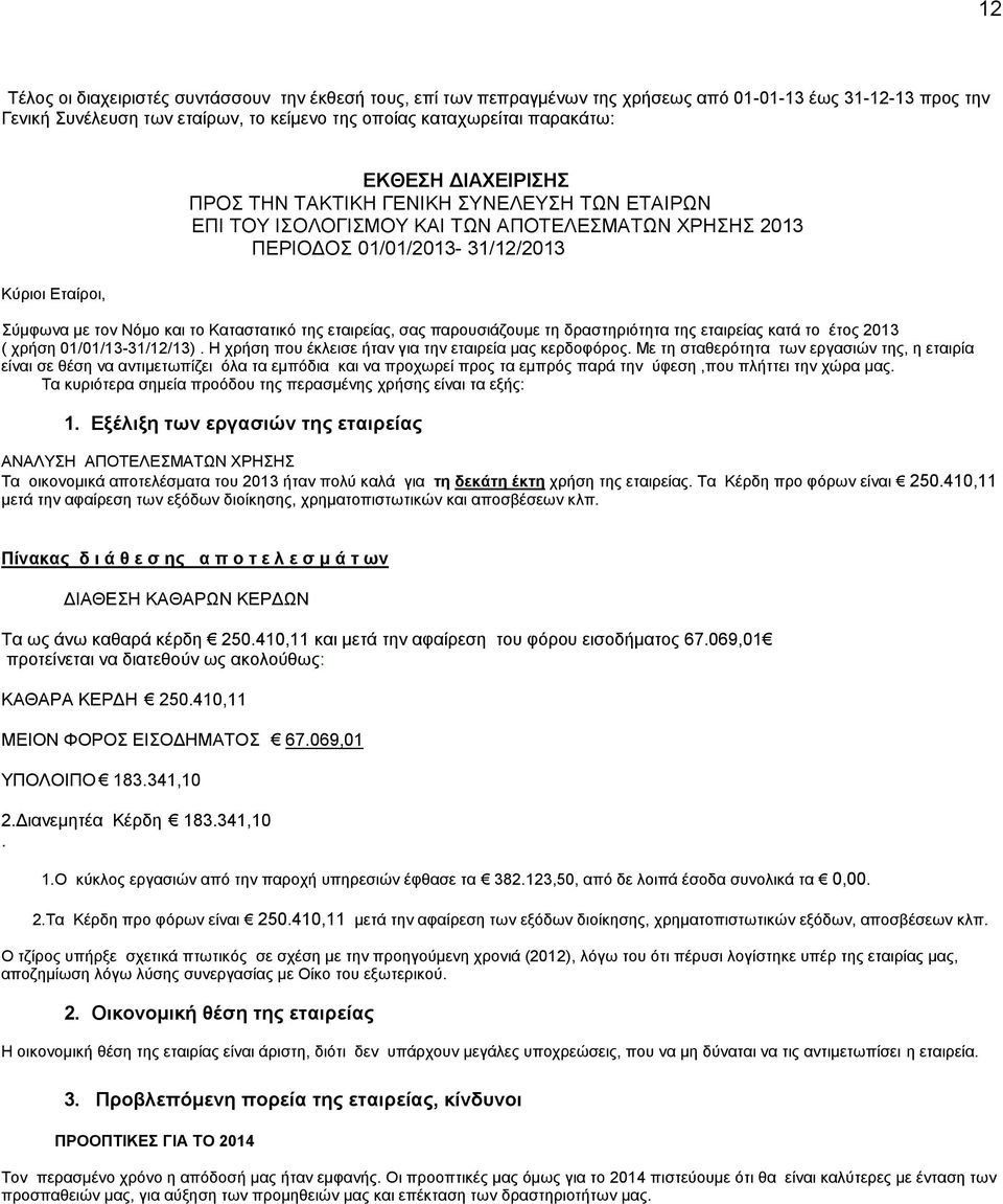 Καταστατικό της εταιρείας, σας παρουσιάζουμε τη δραστηριότητα της εταιρείας κατά το έτος 2013 ( χρήση 01/01/13-31/12/13). Η χρήση που έκλεισε ήταν για την εταιρεία μας κερδοφόρος.