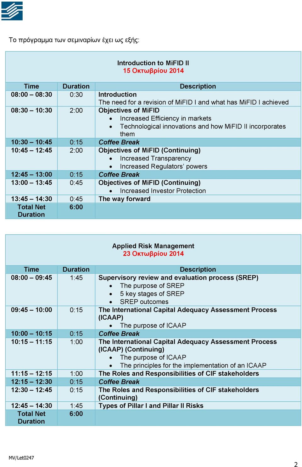 (Continuing) Increased Transparency Increased Regulators powers 12:45 13:00 0:15 Coffee Break 13:00 13:45 0:45 Objectives of MiFID (Continuing) Increased Investor Protection 13:45 14:30 0:45 The way