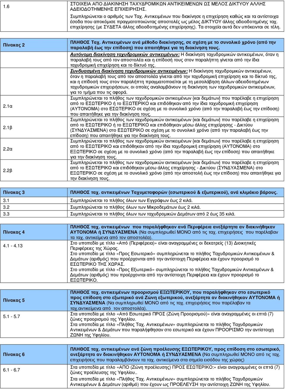 επιχείρησης (µε ΣΥ ΕΤΑ άλλης αδειοδοτηµένης επιχείρησης). Τα στοιχεία αυτά δεν υπόκεινται σε τέλη. Πίνακας 2 2.1α 2.1β 2.2α 2.2β ΠΛΗΘΟΣ Ταχ.