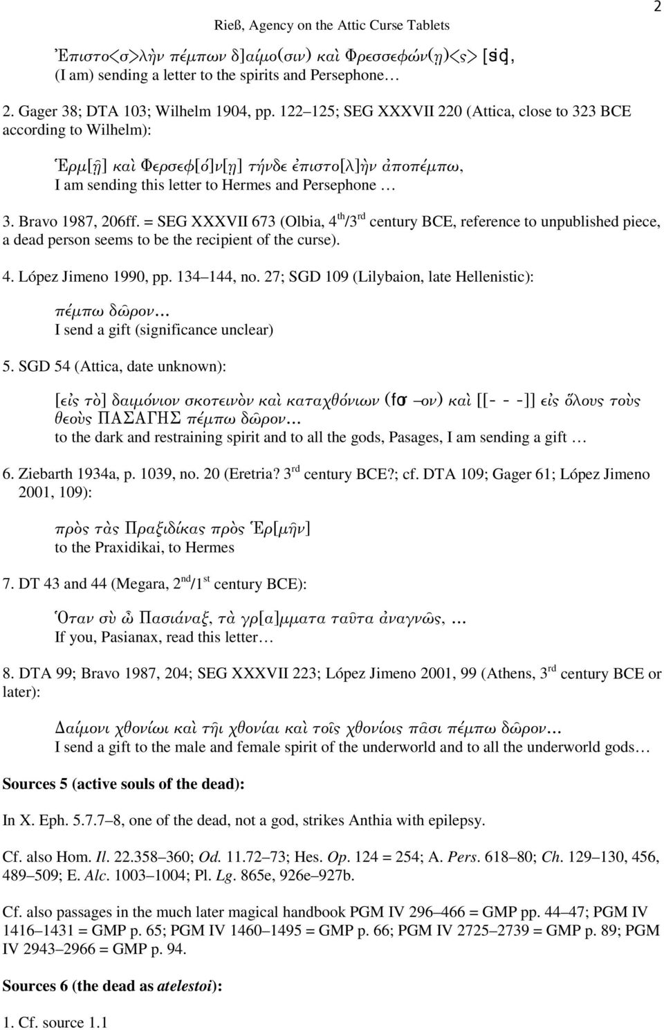 = SEG XXXVII 673 (Olbia, 4 th /3 rd century BCE, reference to unpublished piece, a dead person seems to be the recipient of the curse). 4. López Jimeno 1990, pp. 134 144, no.