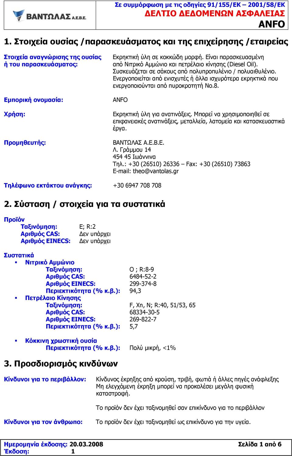 Ενεργοποιείται από ενισχυτές ή άλλα ισχυρότερα εκρηκτικά που ενεργοποιούνται από πυροκροτητή Νο.8. ΑΝFO Εκρηκτική ύλη για ανατινάξεις.