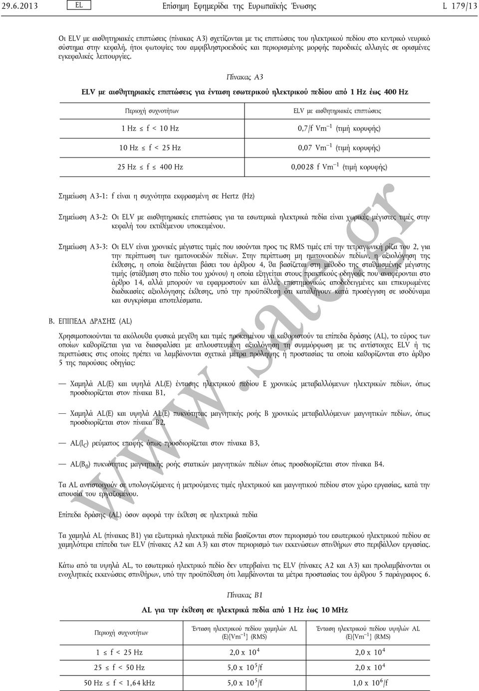 Πίνακας Α3 ELV με αισθητηριακές επιπτώσεις για ένταση εσωτερικού ηλεκτρικού πεδίου από 1 Hz έως 400 Hz Περιοχή συχνοτήτων ELV με αισθητηριακές επιπτώσεις 1 Hz f < 10 Hz 0,7/f Vm 1 (τιμή κορυφής) 10