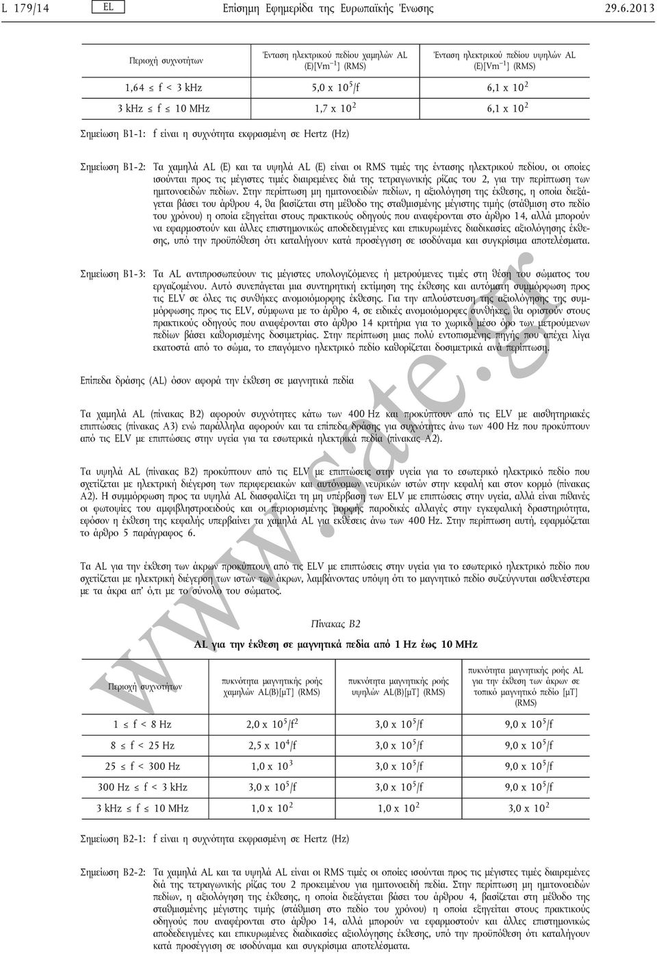 x 10 2 Σημείωση Β1-1: f είναι η συχνότητα εκφρασμένη σε Hertz (Hz) Σημείωση Β1-2: Τα χαμηλά AL (E) και τα υψηλά AL (E) είναι οι RMS τιμές της έντασης ηλεκτρικού πεδίου, οι οποίες ισούνται προς τις