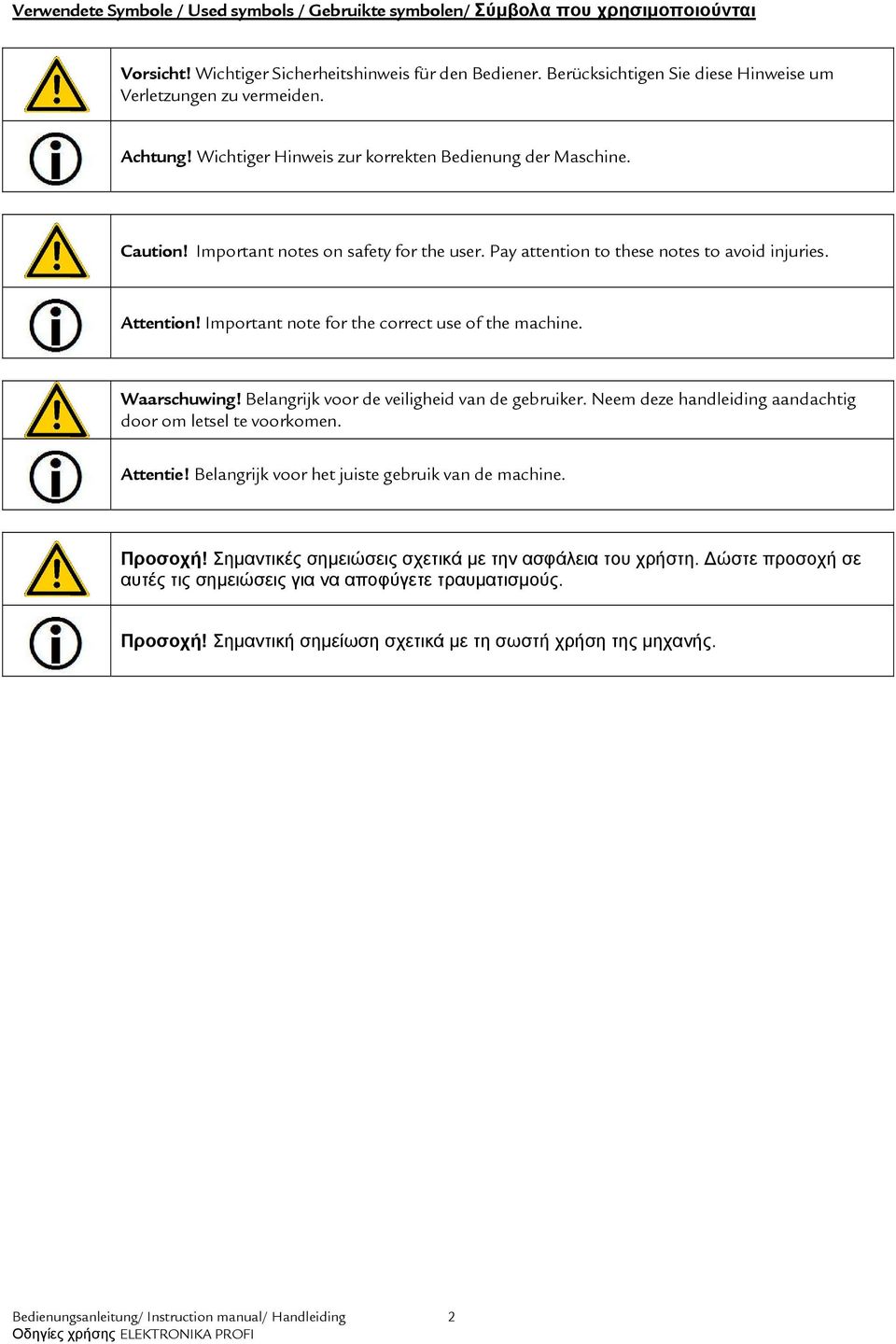 Pay attention to these notes to avoid injuries. Attention! Important note for the correct use of the machine. Waarschuwing! Belangrijk voor de veiligheid van de gebruiker.