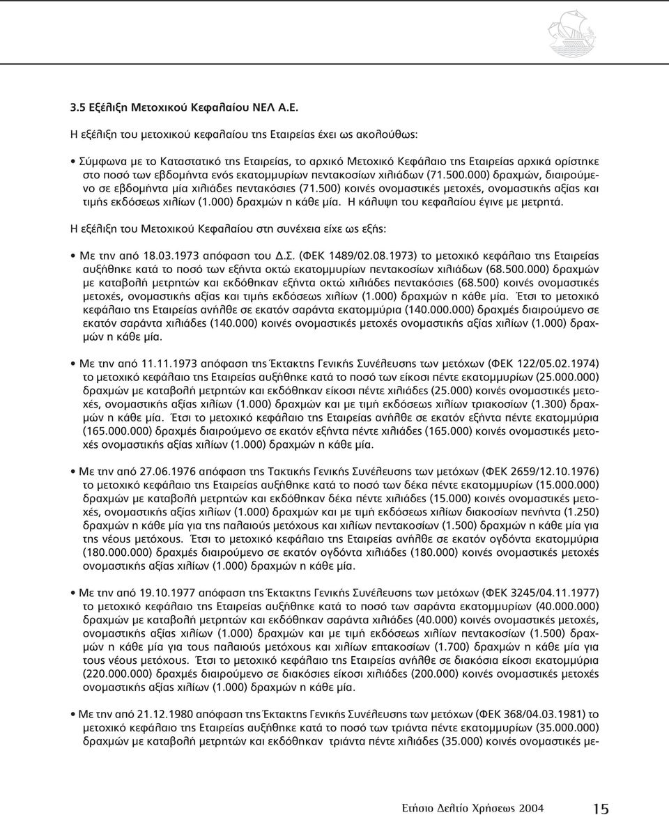 Α.Ε. Η εξέλιξη του µετοχικού κεφαλαίου της Εταιρείας έχει ως ακολούθως: Σύµφωνα µε το Καταστατικό της Εταιρείας, το αρχικό Μετοχικό Κεφάλαιο της Εταιρείας αρχικά ορίστηκε στο ποσό των εβδοµήντα ενός