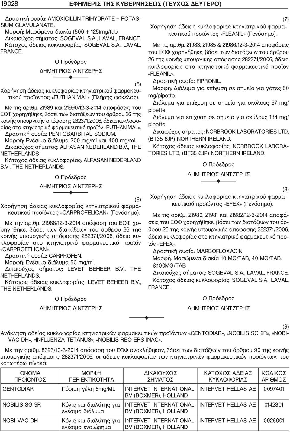 21989 και 21990/12 3 2014 αποφάσεις του ΕΟΦ χορηγήθηκε, βάσει των διατάξεων του άρθρου 26 της κοινής υπουργικής απόφασης 282371/2006, άδεια κυκλοφο ρίας στο κτηνιατρικό φαρμακευτικό προϊόν