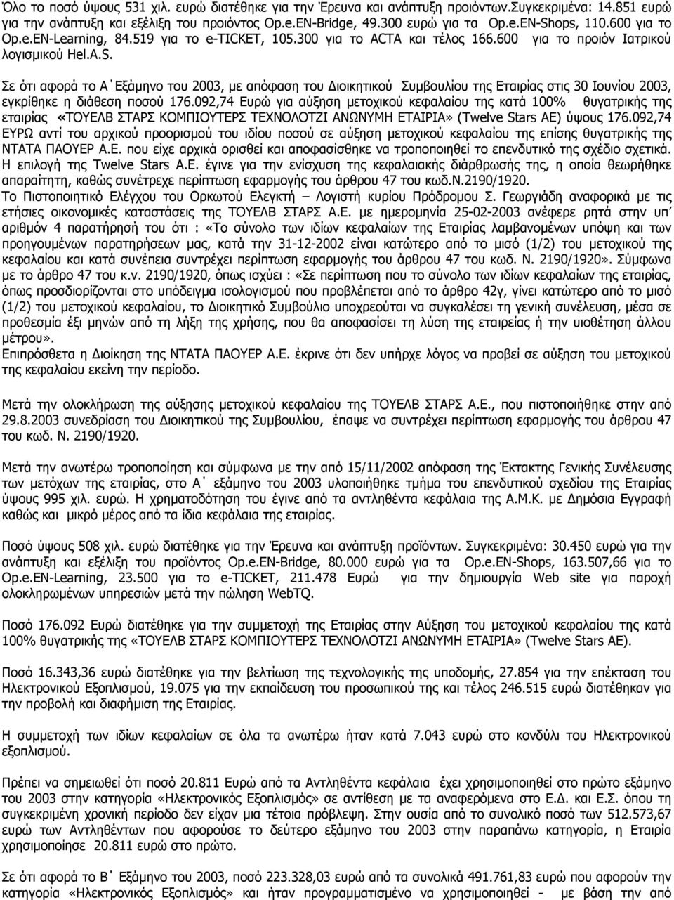 Σε ότι αφορά το Α Εξάμηνο του 2003, με απόφαση του Διοικητικού Συμβουλίου της Εταιρίας στις 30 Ιουνίου 2003, εγκρίθηκε η διάθεση ποσού 176.