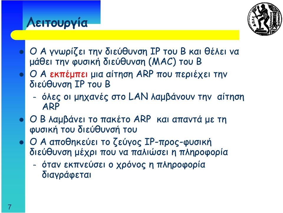 αίτηση ARP Ο B λαμβάνει το πακέτο ARP και απαντά με τη φυσική του διεύθυνσή του Ο A αποθηκεύει το