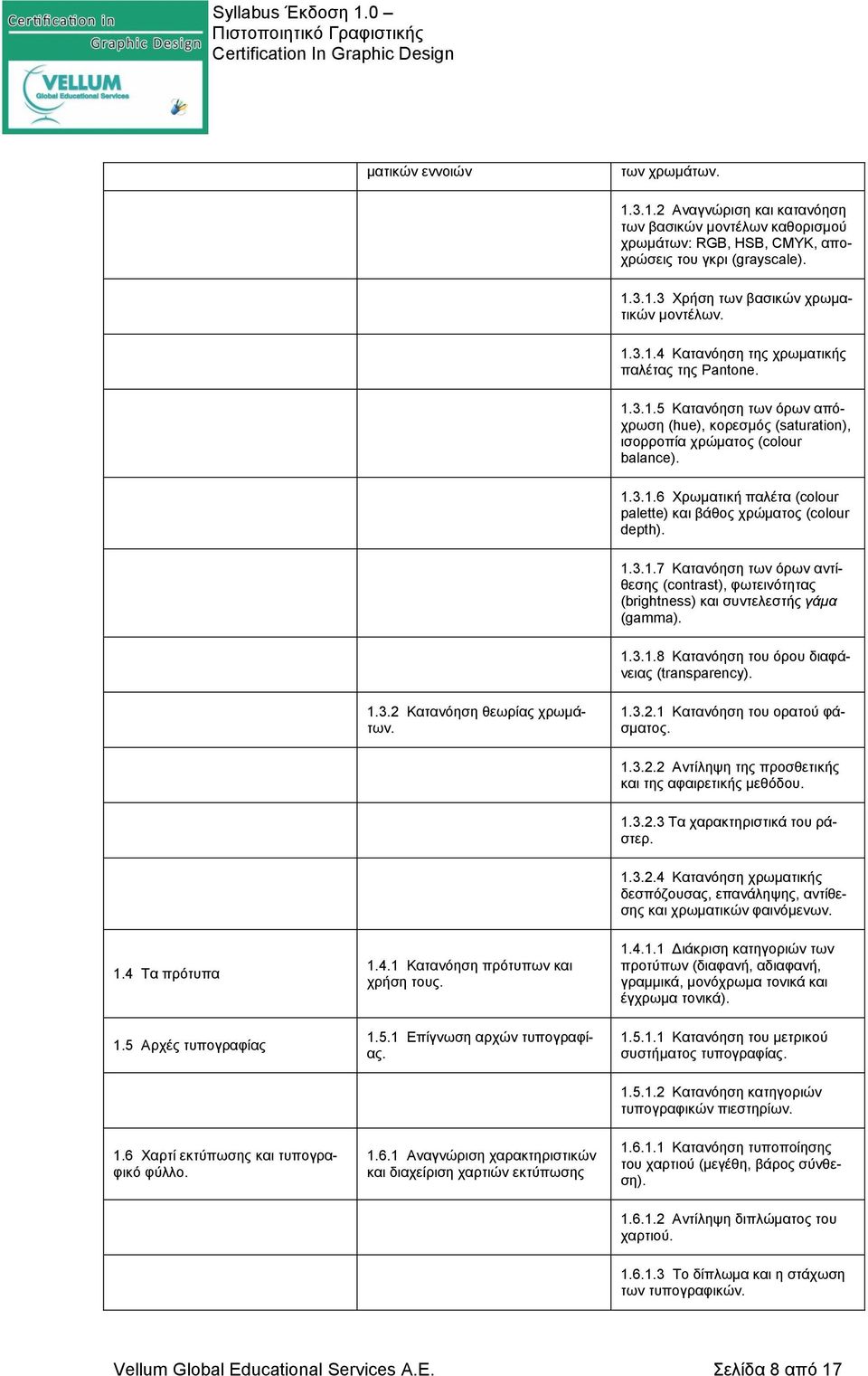 1.3.1.7 Κατανόηση των όρων αντίθεσης (contrast), φωτεινότητας (brightness) και συντελεστής γάμα (gamma). 1.3.1.8 Κατανόηση του όρου διαφάνειας (transparency). 1.3.2 Κατανόηση θεωρίας χρωμάτων. 1.3.2.1 Κατανόηση του ορατού φάσματος.