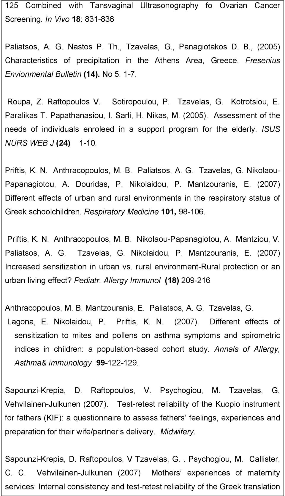 Paralikas T. Papathanasiou, I. Sarli, H. Nikas, M. (2005). Assessment of the needs of individuals enroleed in a support program for the elderly. ISUS NURS WEB J (24) 1-10. Priftis, K. N. Anthracopoulos, M.