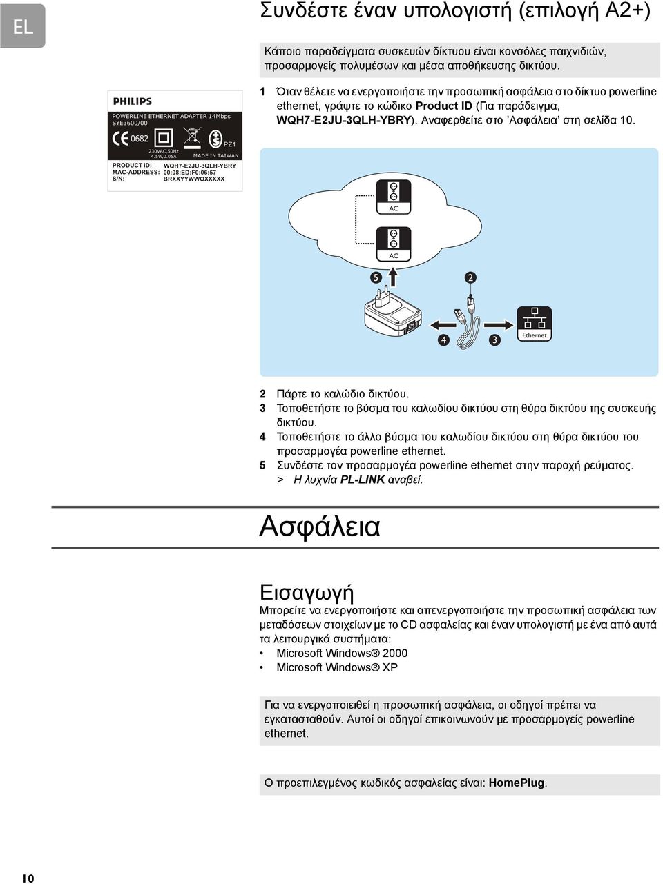 5 2 4 3 Ethernet 2 Πάρτε το καλώδιο δικτύου. 3 Τοποθετήστε το βύσµα του καλωδίου δικτύου στη θύρα δικτύου της συσκευής δικτύου.