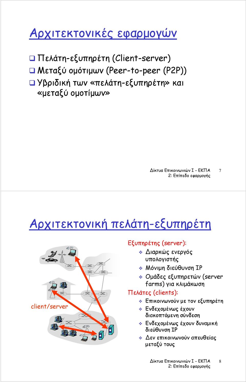 (server): ιαρκώς ενεργός υπολογιστής Μόνιμη διεύθυνση IP Ομάδες εξυπηρετών (server farms) για κλιμάκωση Πελάτες (clients):