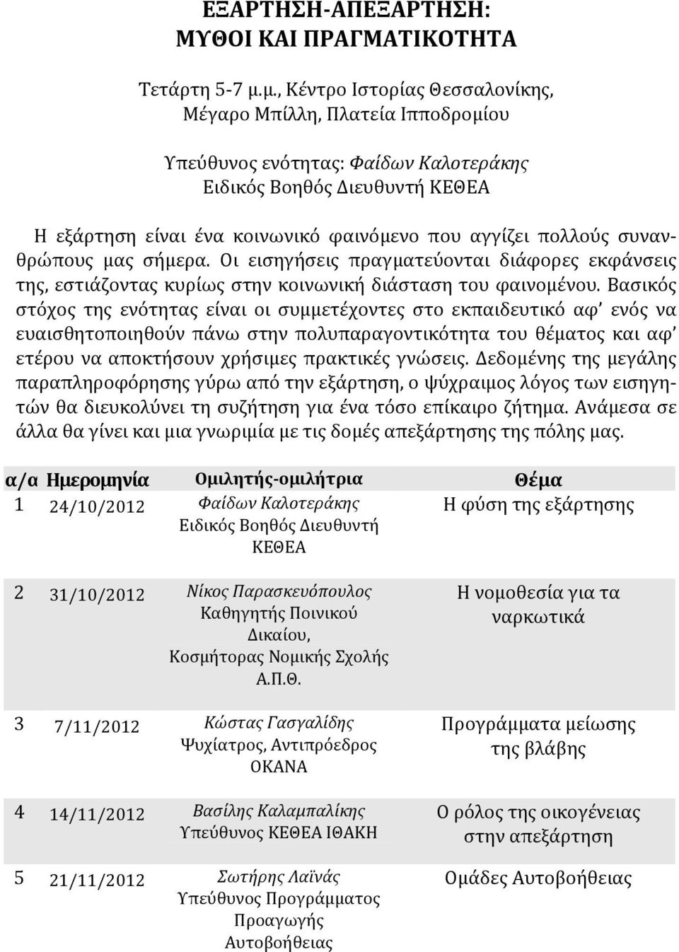 συνανθρώπους μας σήμερα. Οι εισηγήσεις πραγματεύονται διάφορες εκφάνσεις της, εστιάζοντας κυρίως στην κοινωνική διάσταση του φαινομένου.