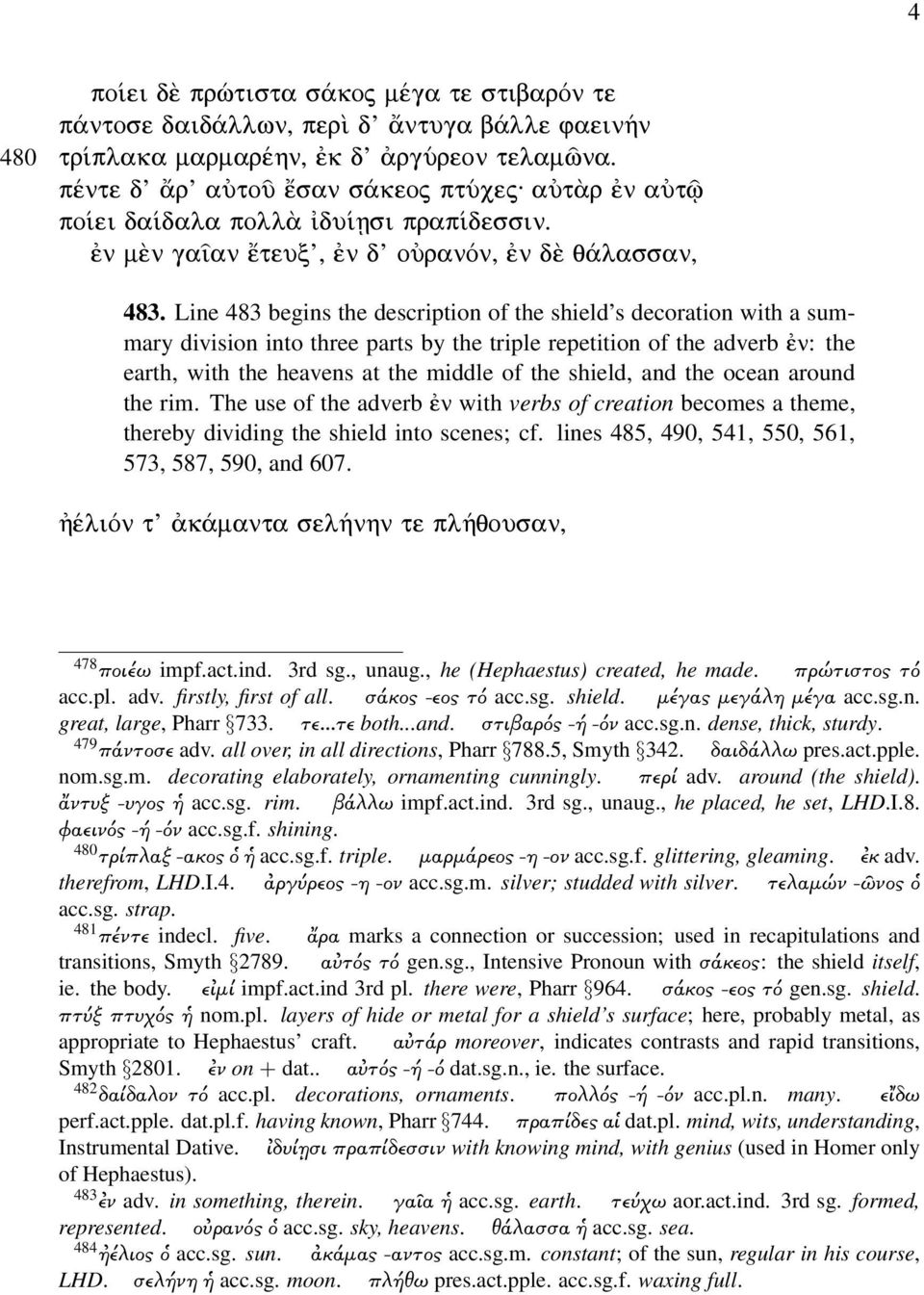 Line 483 begins the description of the shield s decoration with a summary division into three parts by the triple repetition of the adverb n: the earth, with the heavens at the middle of the shield,