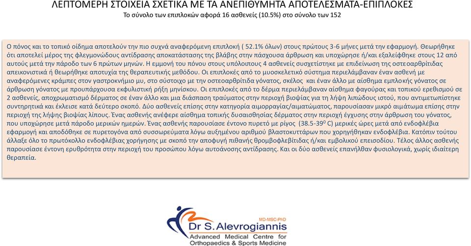 Θεωρήθηκε ότι αποτελεί μέρος της φλεγμονώδους αντίδρασης αποκατάστασης της βλάβης στην πάσχουσα άρθρωση και υποχώρησε ή/και εξαλείφθηκε στους 12 από αυτούς μετά την πάροδο των 6 πρώτων μηνών.