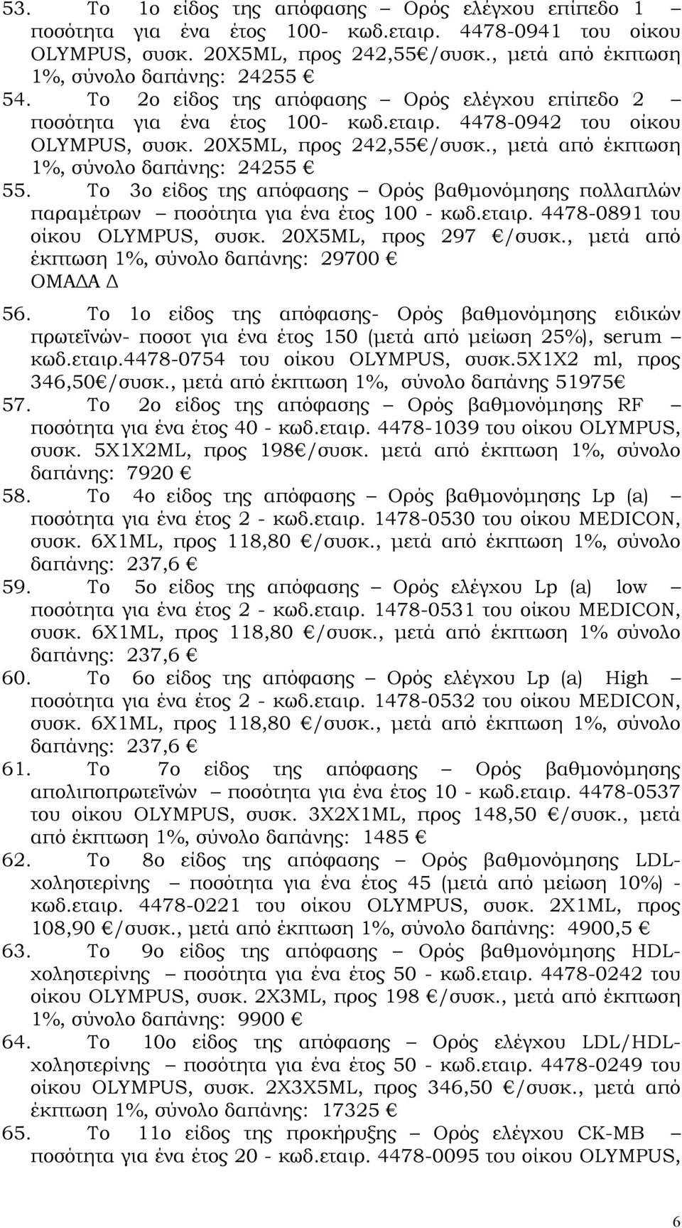 Το 3ο είδος της απόφασης Ορός βαθμονόμησης πολλαπλών παραμέτρων ποσότητα για ένα έτος 100 - κωδ.εταιρ. 4478-0891 του οίκου OLYMPUS, συσκ. 20Χ5ML, προς 297 /συσκ.