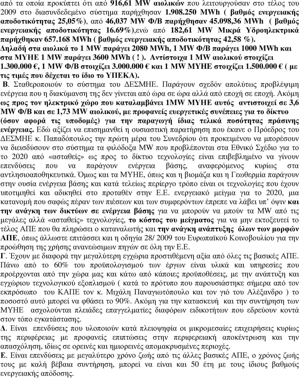 168 ΜWh ( βαθµός ενεργειακής αποδοτικότητας 42,58 %). ηλαδή στα αιολικά το 1 ΜW παράγει 2080 ΜWh, 1 MW Φ/Β παράγει 1000 ΜWh και στα ΜΥΗΕ 1 ΜW παράγει 3600 ΜWh (! ).