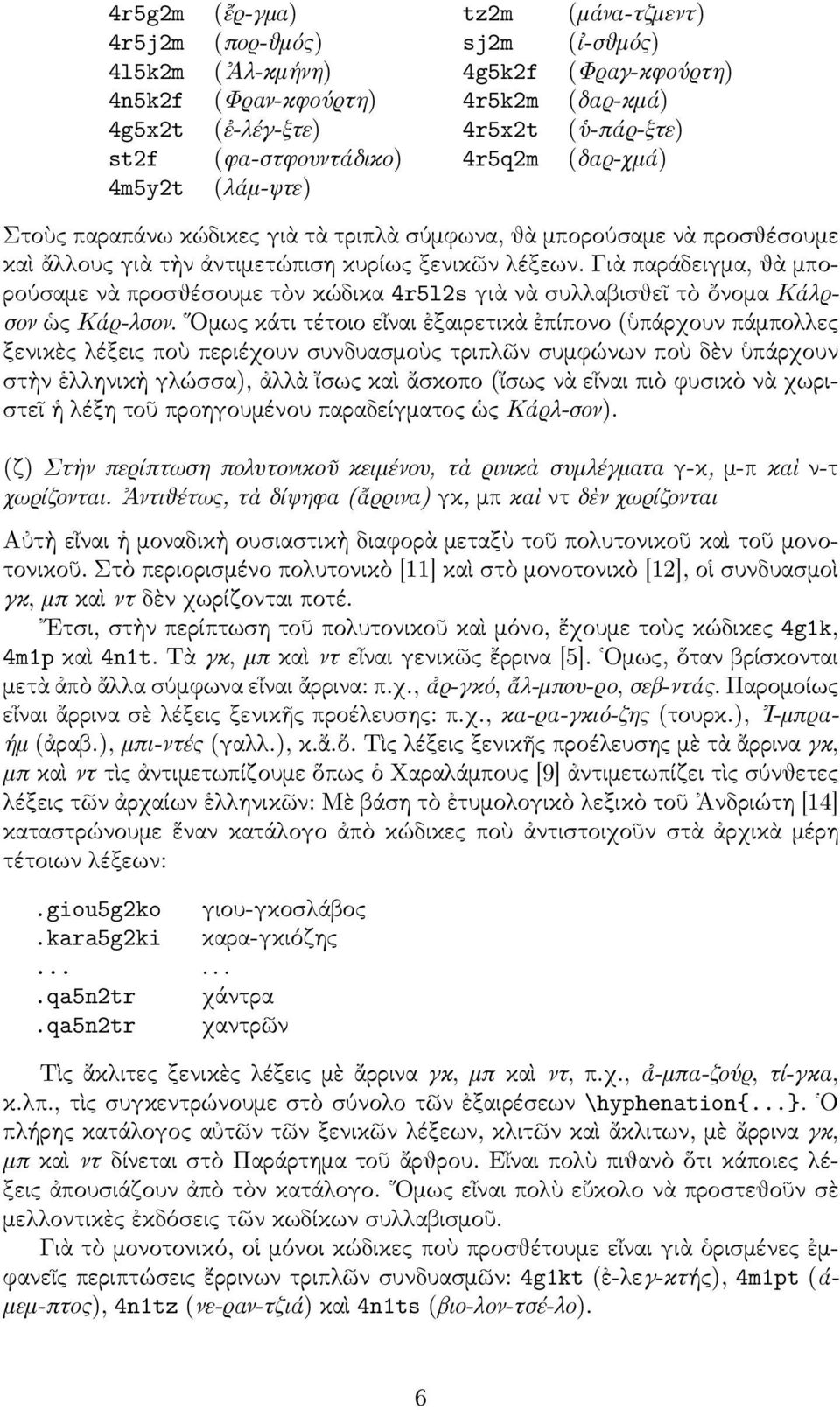 Γιὰ παράδειγµα, θὰ µπορούσαµε νὰ προσθέσουµε τὸν κώδικα 4r5l2s γιὰ νὰ συλλαβισθεῖ τὸ ὄνοµα Κάλρσον ὡς Κάρ-λσον.