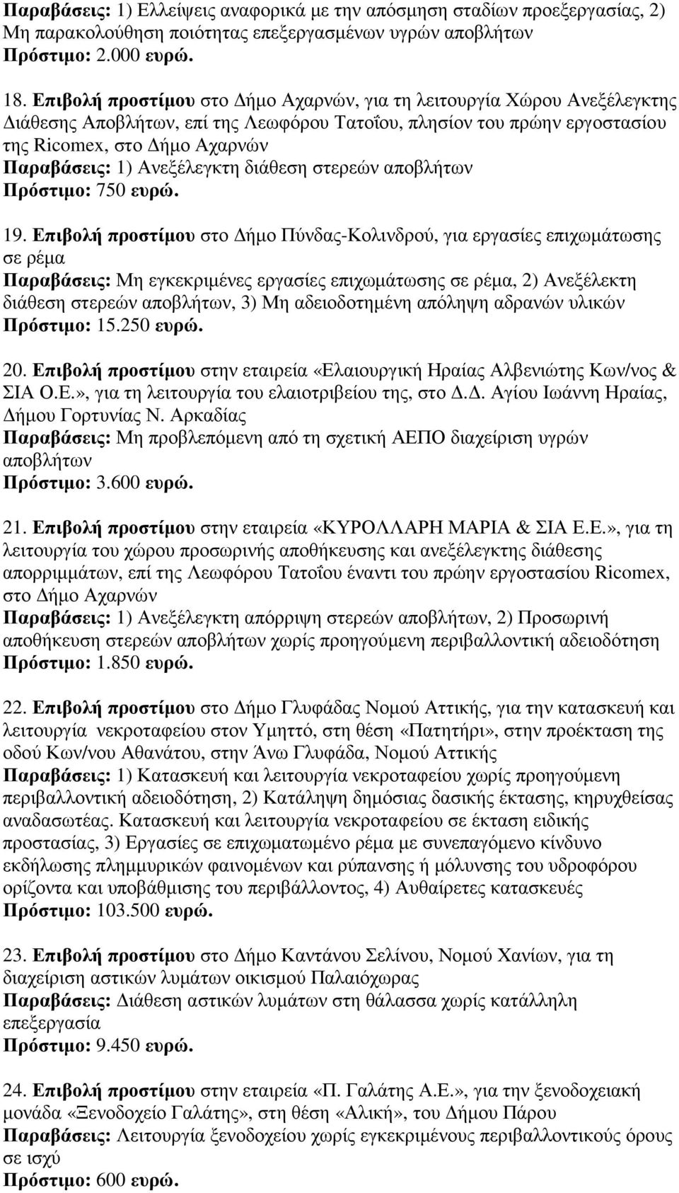 Ανεξέλεγκτη διάθεση στερεών αποβλήτων Πρόστιµο: 750 ευρώ. 19.