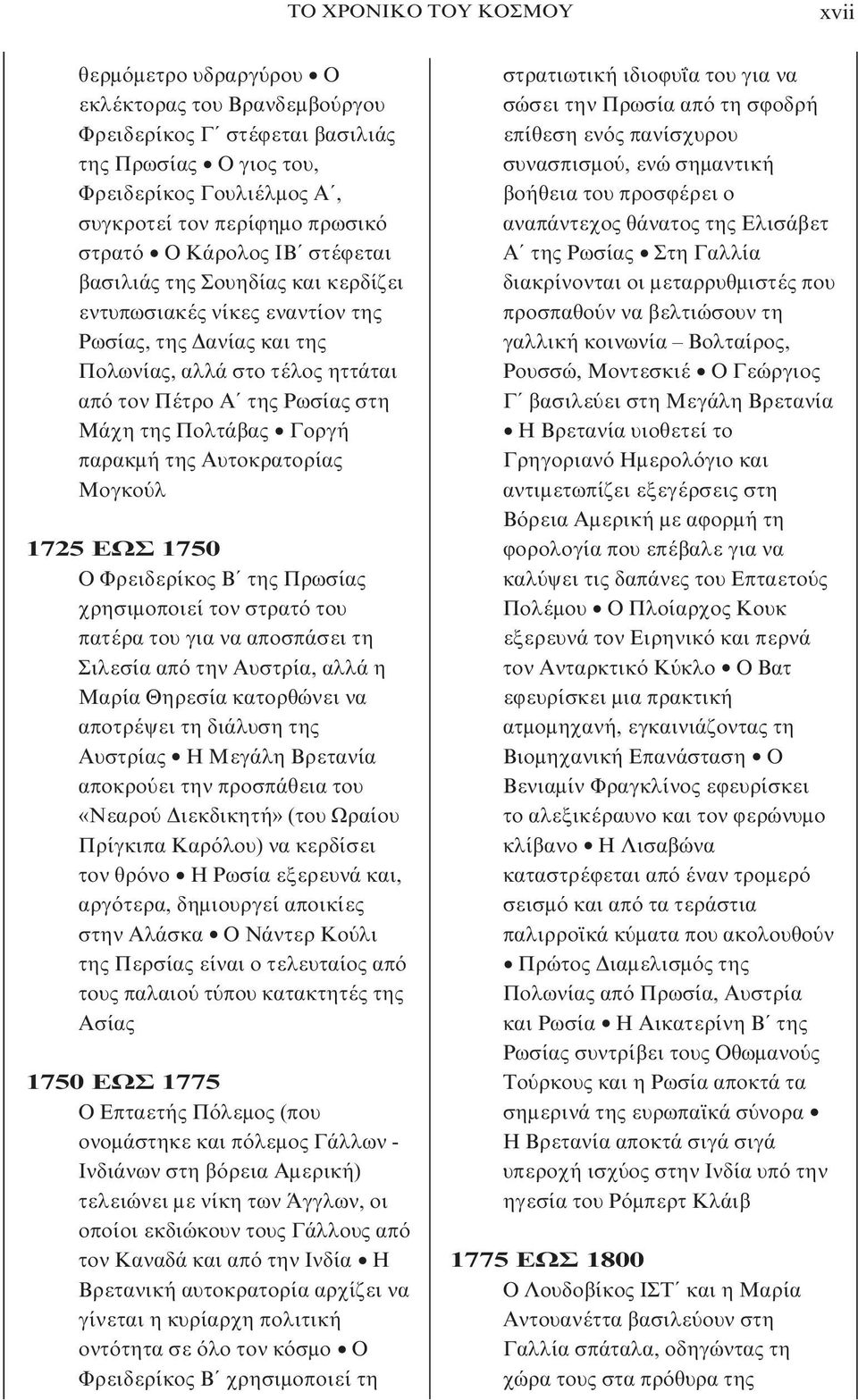 Πολτάβας Γοργή παρακμή της Aυτοκρατορίας Mογκούλ 1725 EΩΣ 1750 O Φρειδερίκος B της Πρωσίας χρησιμοποιεί τον στρατό του πατέρα του για να αποσπάσει τη Σιλεσία από την Aυστρία, αλλά η Mαρία Θηρεσία