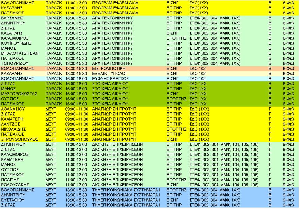 ΠΑΡΑΣΚ 13:30-15:30 ΑΡΧΙΤΕΚΤΟΝΙΚΗ Η/Υ ΕΠΙΤΗΡ ΣΤΕΦ(302, 304, ΑΜΦ, 1ΧΧ) Β 6-Φεβ ΚΑΖΑΡΛΗΣ ΠΑΡΑΣΚ 13:30-15:30 ΑΡΧΙΤΕΚΤΟΝΙΚΗ Η/Υ ΕΙΣΗΓ ΣΤΕΦ(302, 304, ΑΜΦ, 1ΧΧ) Β 6-Φεβ ΚΑΛΟΜΟΙΡΟΣ ΠΑΡΑΣΚ 13:30-15:30