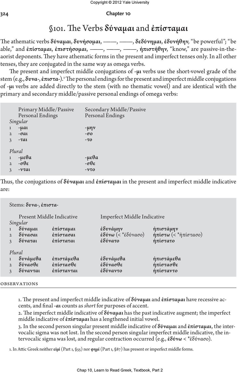 deponents. They have athematic forms in the present and imperfect tenses only. In all other tenses, they are conjugated in the same way as omega verbs.