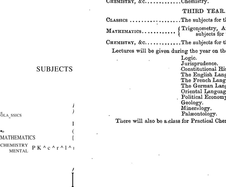 and iv. Livy " Lib. i." f Algebra. ) Trigonometry. < Analyticaa Geometry. ' Statics. Chemistry. THIRD TEAR. The subjects for the B. A. Degree.