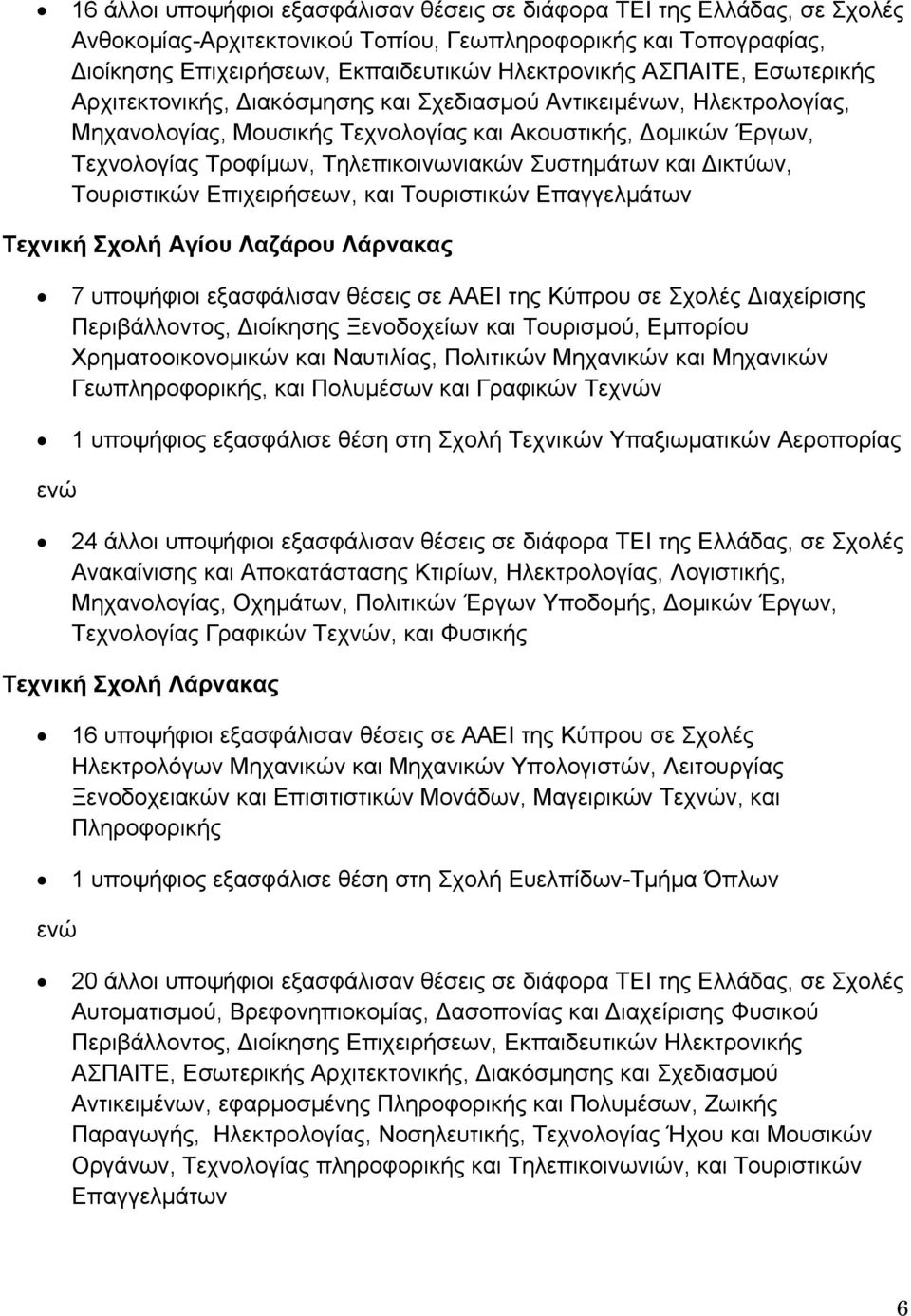 Συστημάτων και Δικτύων, Τουριστικών Επιχειρήσεων, και Τουριστικών Επαγγελμάτων Τεχνική Σχολή Αγίου Λαζάρου Λάρνακας 7 υποψήφιοι εξασφάλισαν θέσεις σε ΑΑΕΙ της Κύπρου σε Σχολές Διαχείρισης