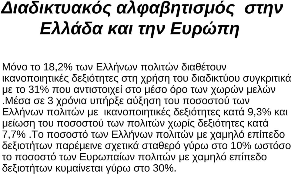 μέσα σε 3 χρόνια υπήρξε αύξηση του ποσοστού των Ελλήνων πολιτών με ικανοποιητικές δεξιότητες κατά 9,3% και μείωση του ποσοστού των πολιτών
