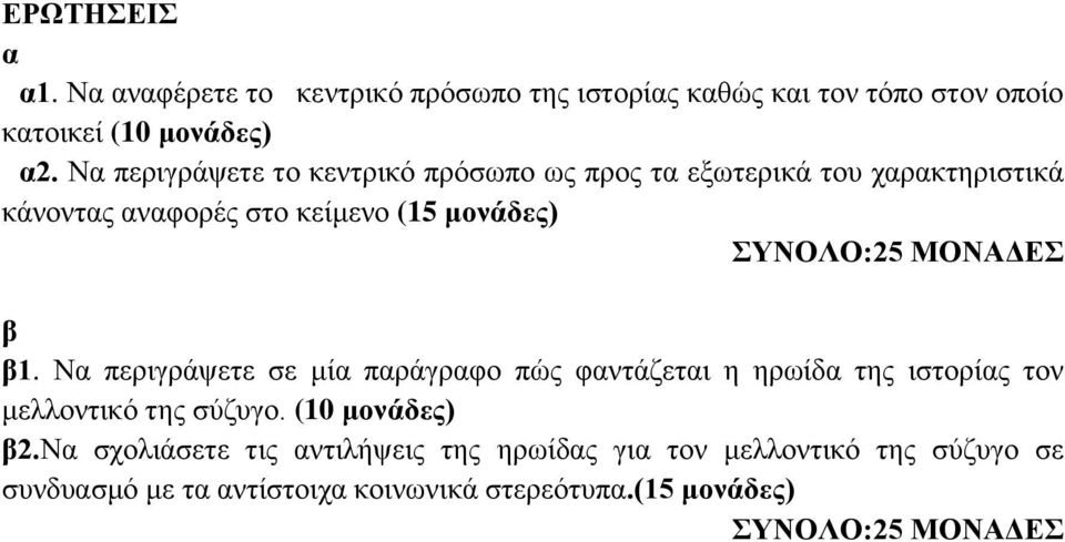 ΜΟΝΑΔΕΣ β β1. Να περιγράψετε σε μία παράγραφο πώς φαντάζεται η ηρωίδα της ιστορίας τον μελλοντικό της σύζυγο. (10 μονάδες) β2.