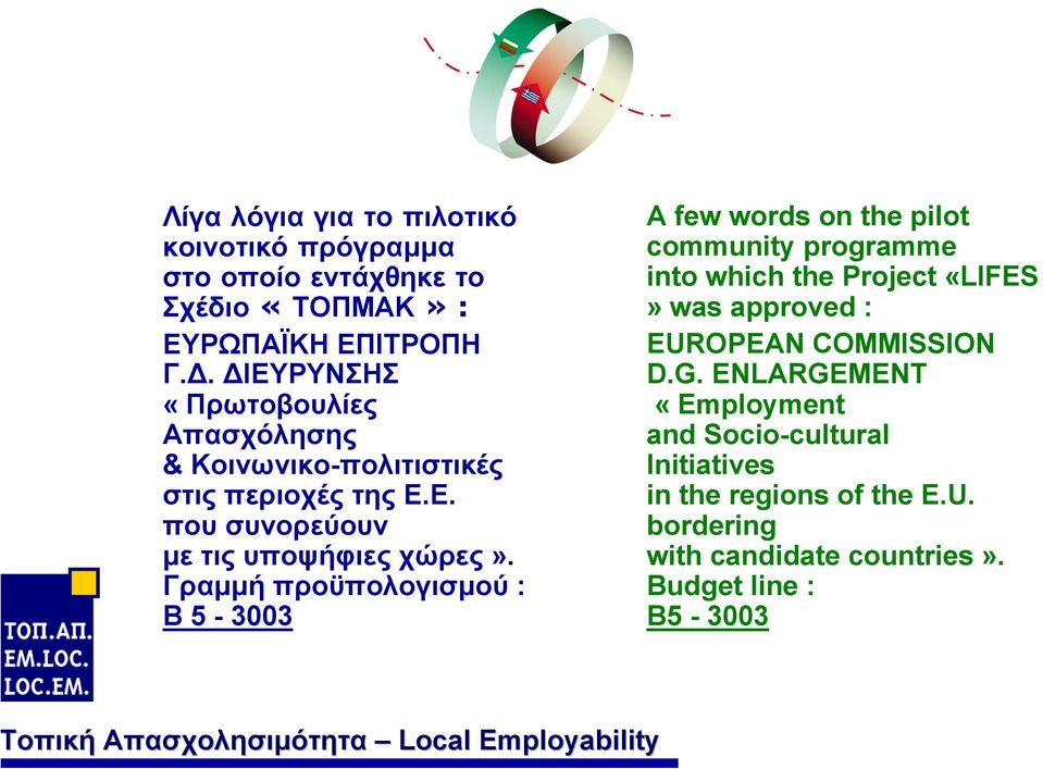 Γραµµή προϋπολογισµού : Β 5-3003 A few words on the pilot community programme into which the Project «LIFES» was approved :