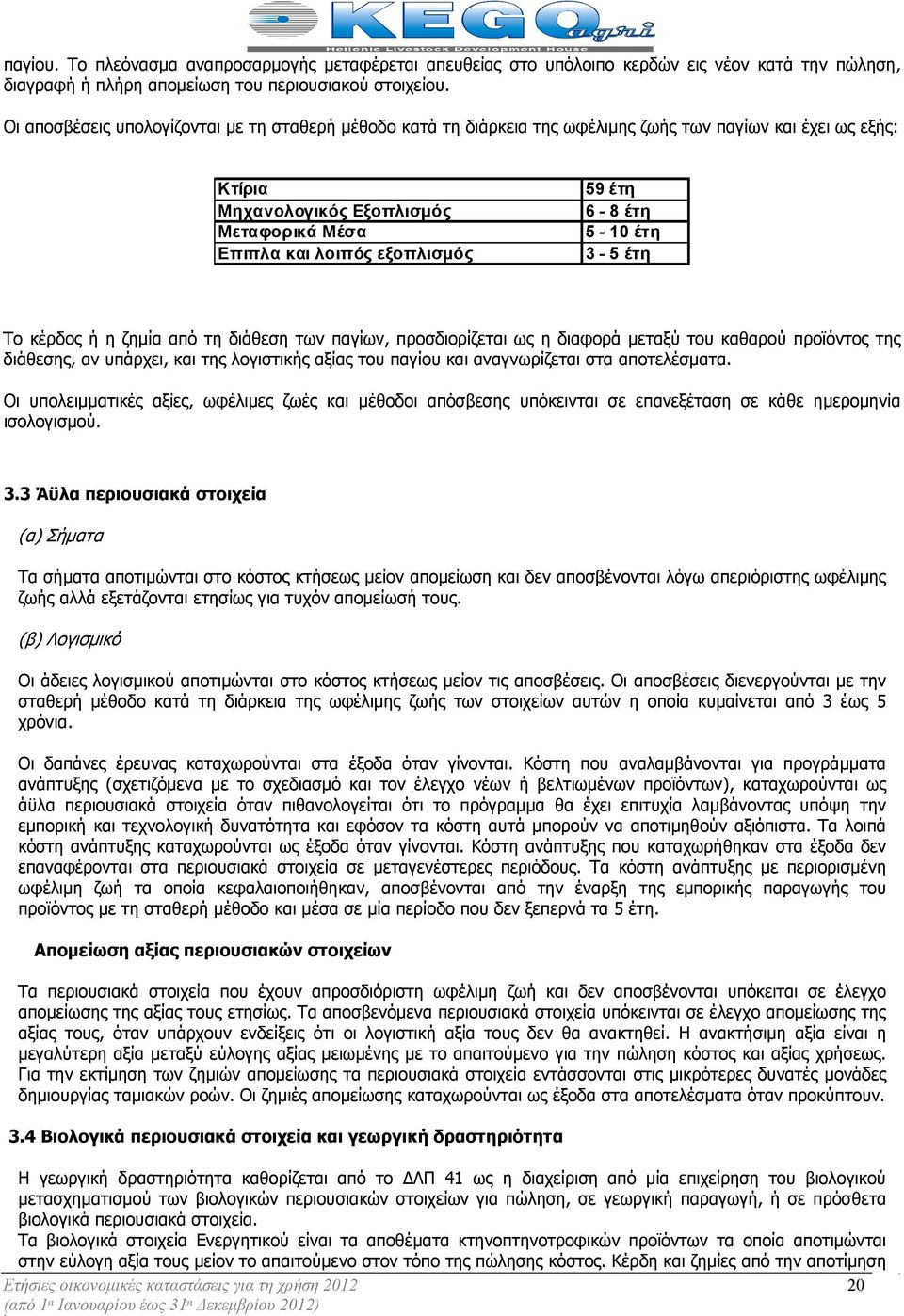 6-8 έτη 5-10 έτη 3-5 έτη Το κέρδος ή η ζηµία από τη διάθεση των παγίων, προσδιορίζεται ως η διαφορά µεταξύ του καθαρού προϊόντος της διάθεσης, αν υπάρχει, και της λογιστικής αξίας του παγίου και