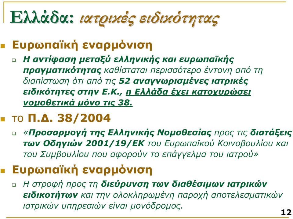 . 38/2004 «Προσαρµογή της Ελληνικής Νοµοθεσίας προς τις διατάξεις των Οδηγιών 2001/19/ΕΚ τουευρωπαϊκούκοινοβουλίουκαι του Συµβουλίου που αφορούν το