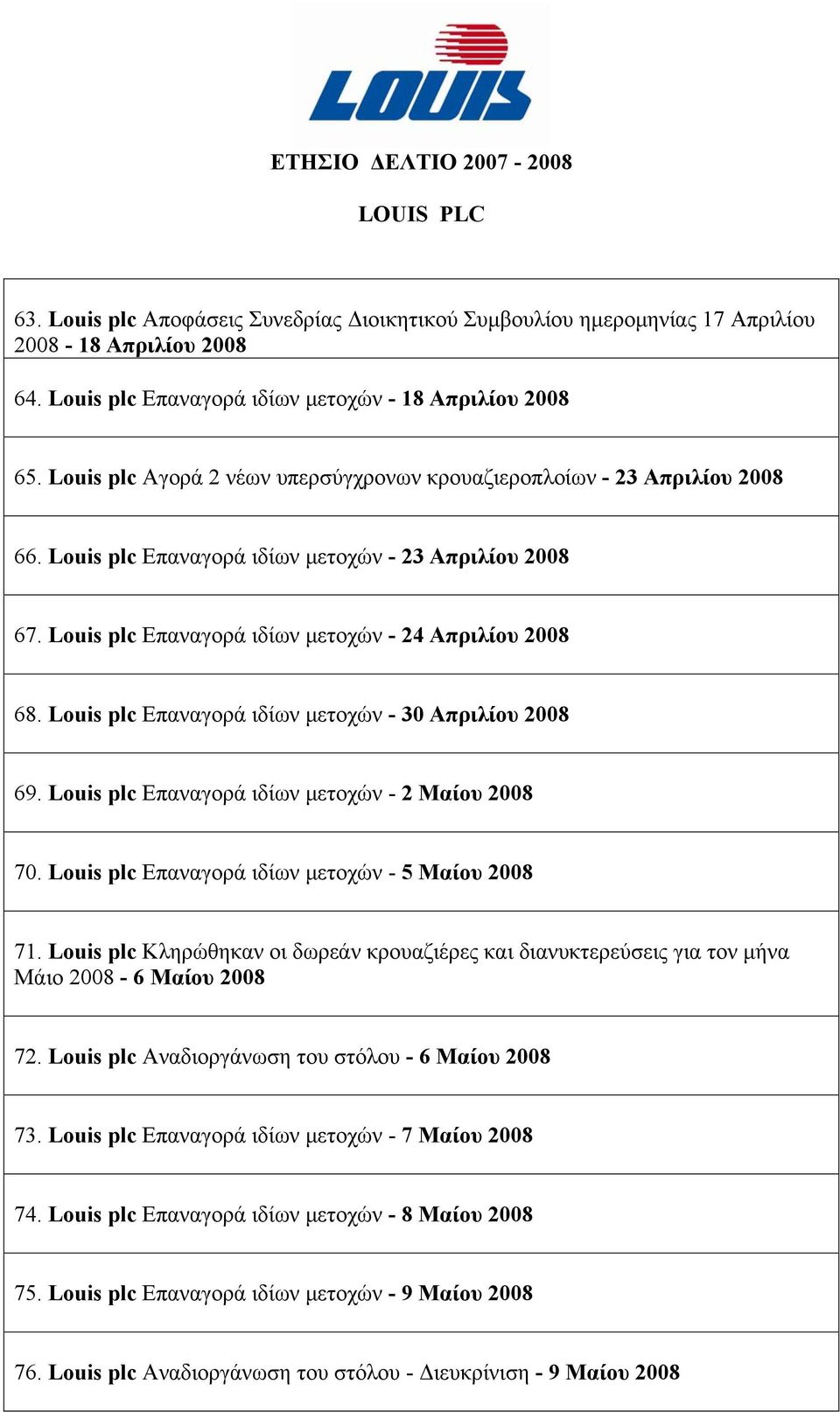 Louis plc Επαναγορά ιδίων μετοχών - 30 Απριλίου 2008 69. Louis plc Επαναγορά ιδίων μετοχών - 2 Μαίου 2008 70. Louis plc Επαναγορά ιδίων μετοχών - 5 Μαίου 2008 71.