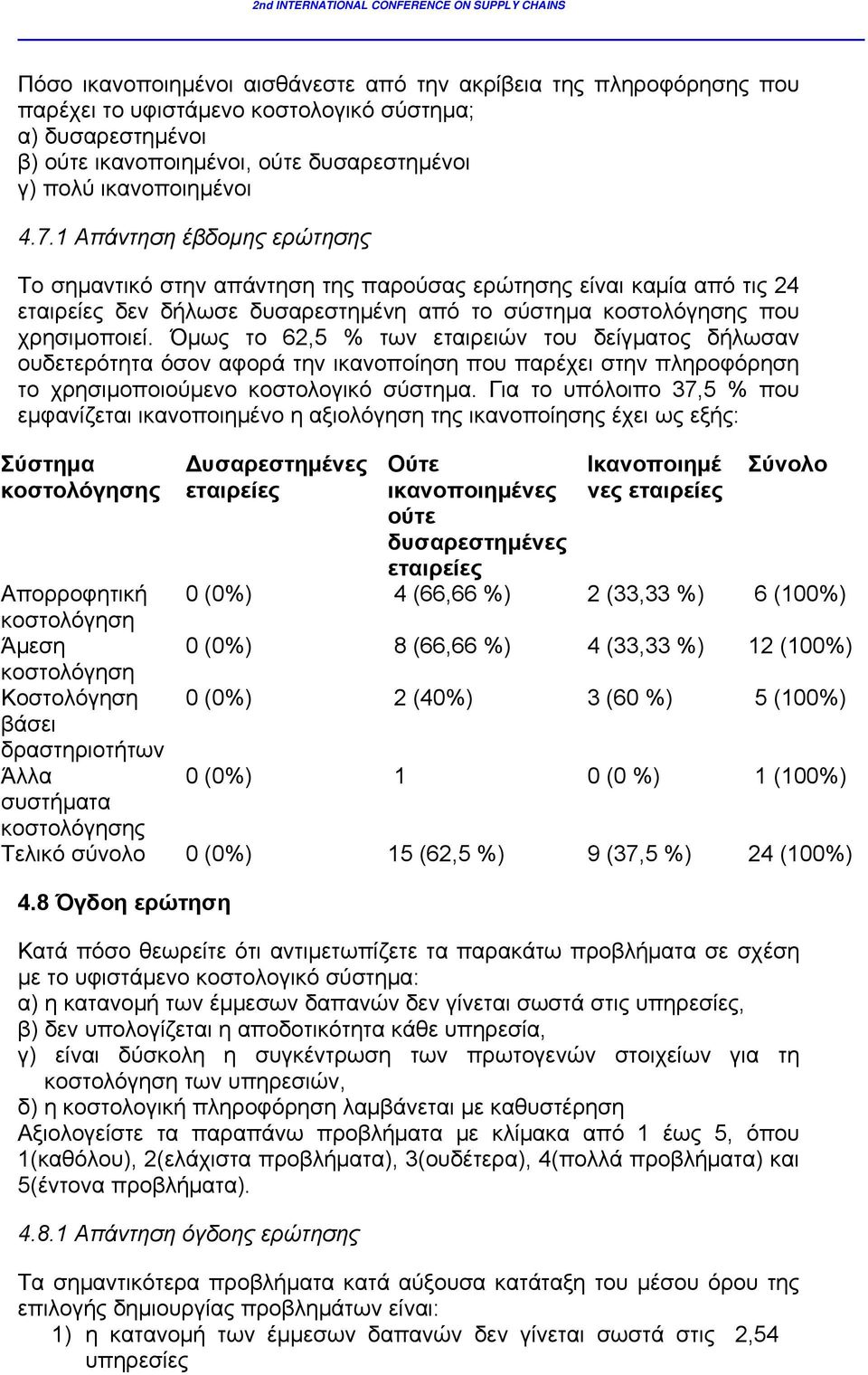 Όμως το 62,5 % των εταιρειών του δείγματος δήλωσαν ουδετερότητα όσον αφορά την ικανοποίηση που παρέχει στην πληροφόρηση το χρησιμοποιούμενο κοστολογικό σύστημα.