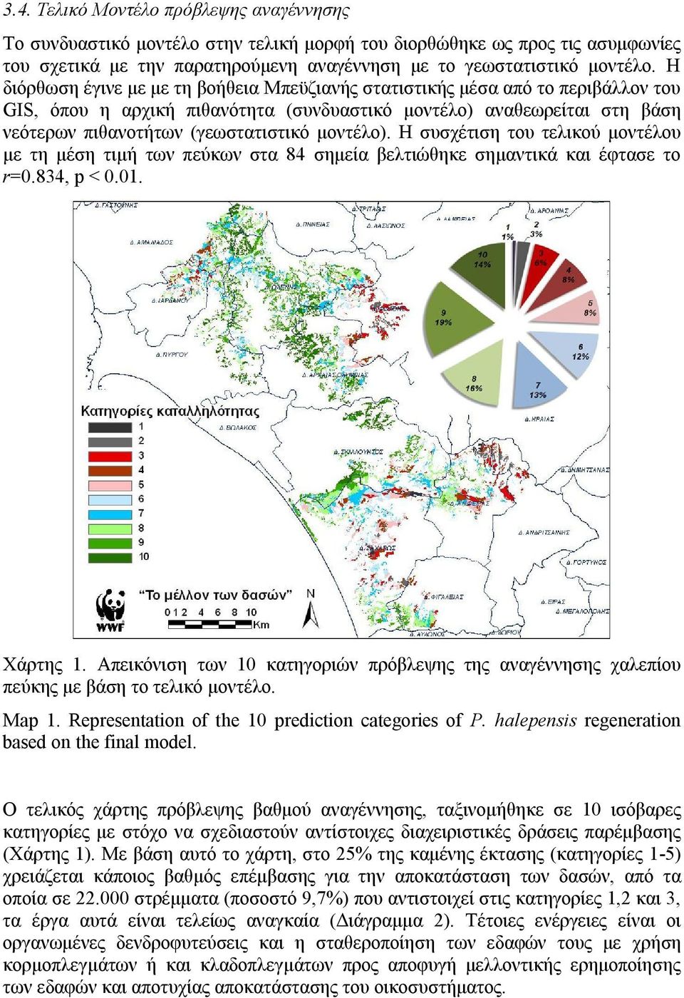 μοντέλο). Η συσχέτιση του τελικού μοντέλου με τη μέση τιμή των πεύκων στα 84 σημεία βελτιώθηκε σημαντικά και έφτασε το r=0.834, p < 0.01. Χάρτης 1.
