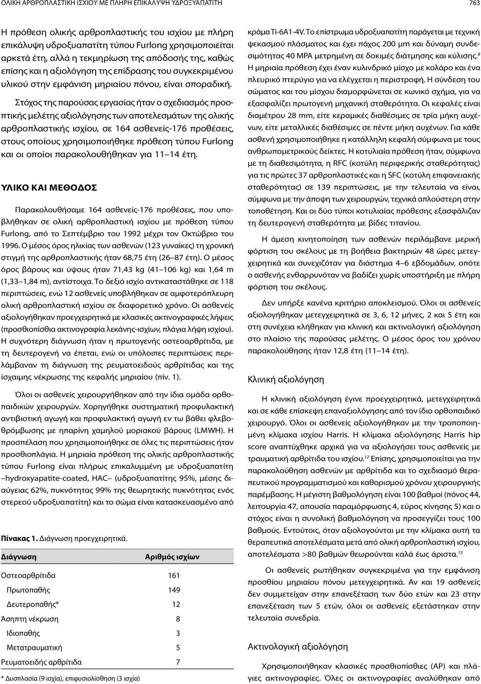 Στόχος της παρούσας εργασίας ήταν ο σχεδιασμός προοπτικής μελέτης αξιολόγησης των αποτελεσμάτων της ολικής αρθροπλαστικής ισχίου, σε 164 ασθενείς-176 προθέσεις, στους οποίους χρησιμοποιήθηκε πρόθεση