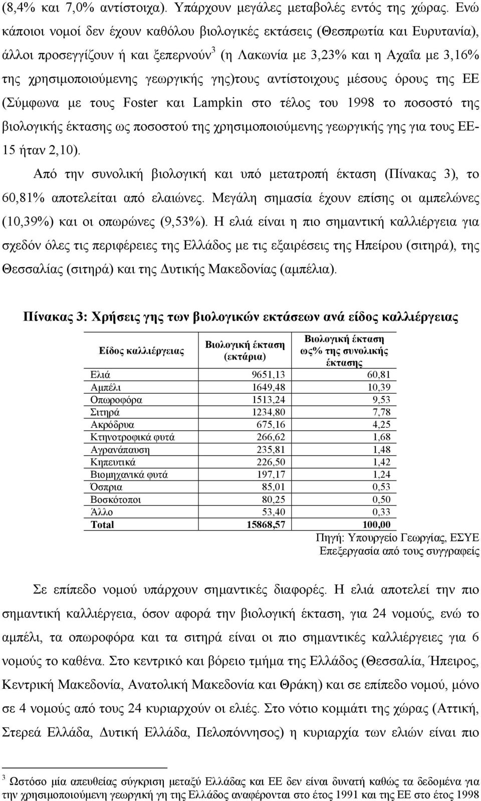 γης)τους αντίστοιχους µέσους όρους της ΕΕ (Σύµφωνα µε τους Foster και Lampkin στο τέλος του 1998 το ποσοστό της βιολογικής έκτασης ως ποσοστού της χρησιµοποιούµενης γεωργικής γης για τους ΕΕ- 15 ήταν