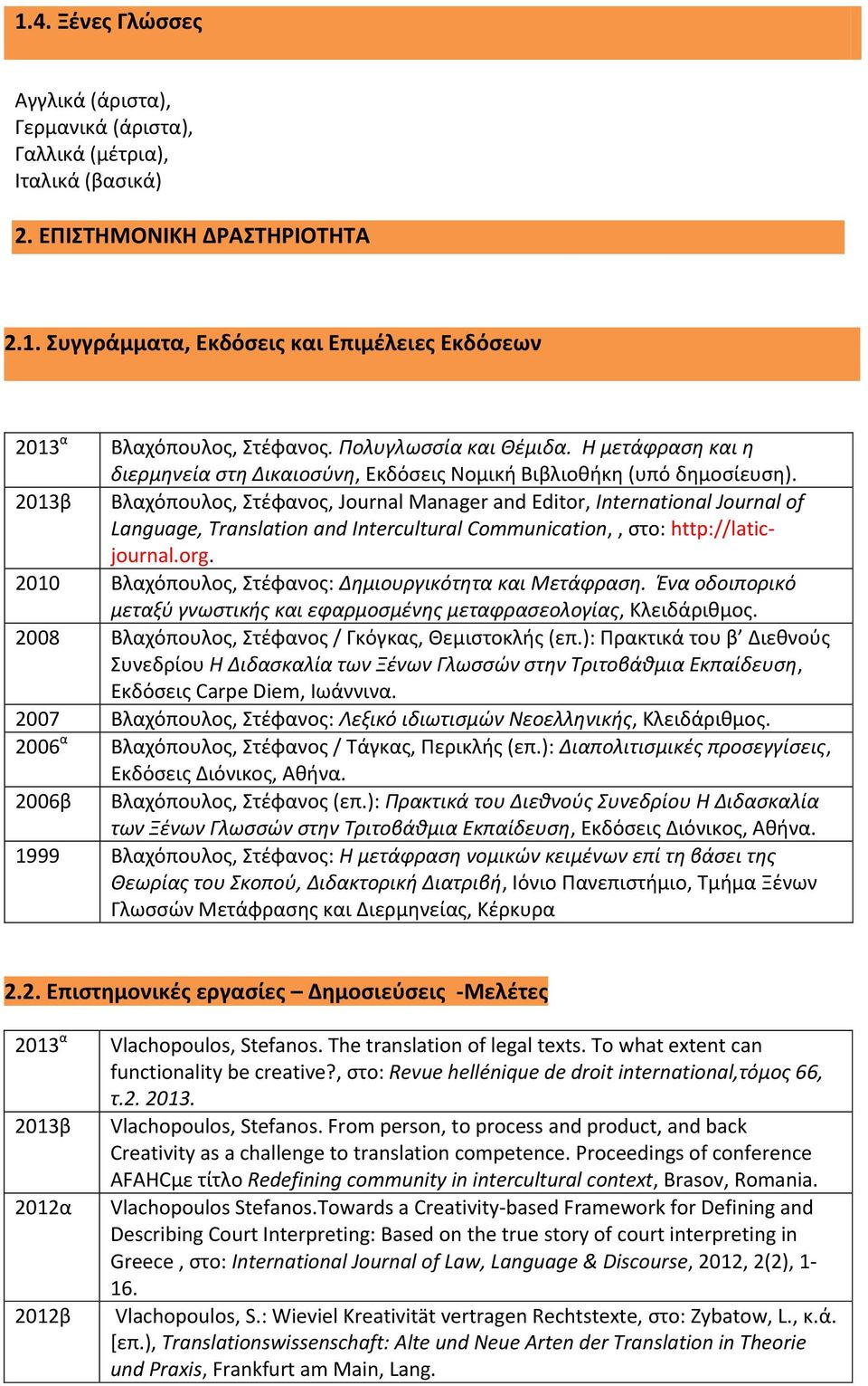 2013β Βλαχόπουλος, Στέφανος, Journal Manager and Editor, International Journal of Language, Translation and Intercultural Communication,, στο: http://laticjournal.org.