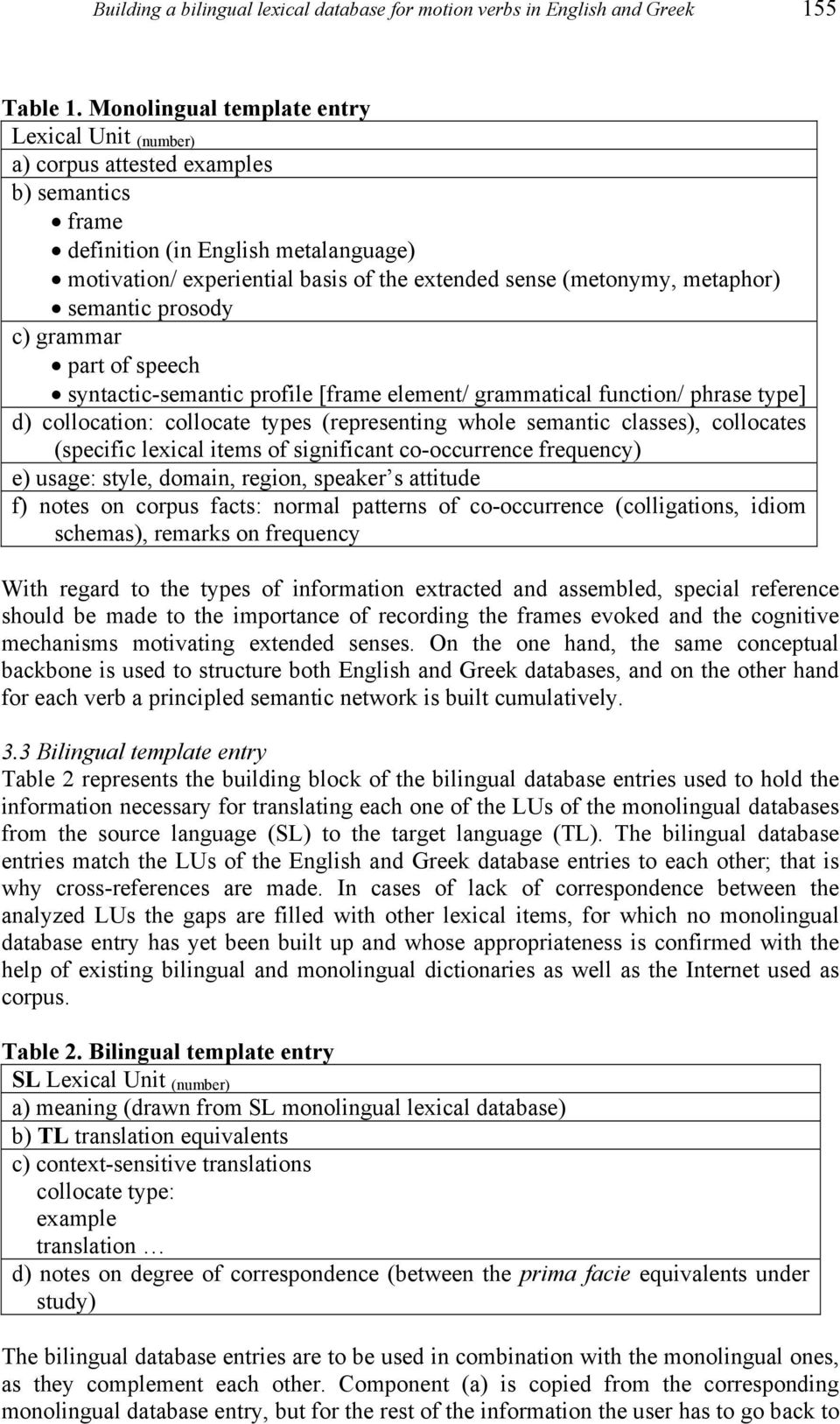 semantic prosody c) grammar part of speech syntactic-semantic profile [frame element/ grammatical function/ phrase type] d) collocation: collocate types (representing whole semantic classes),