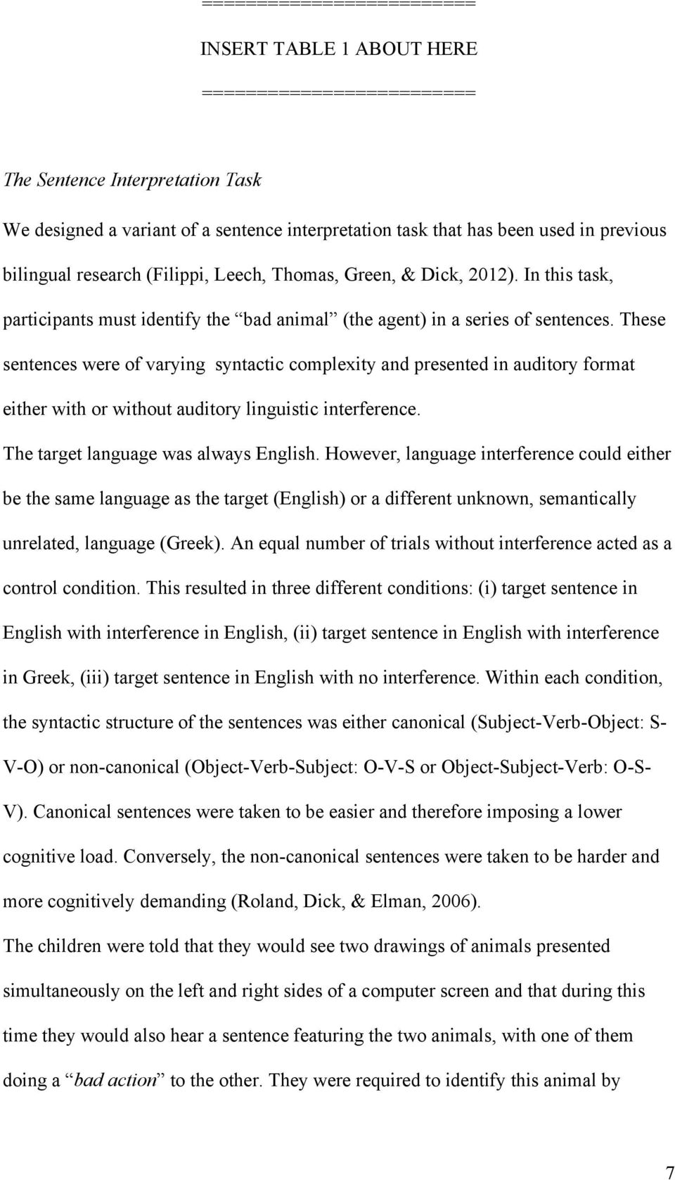 These sentences were of varying syntactic complexity and presented in auditory format either with or without auditory linguistic interference. The target language was always English.