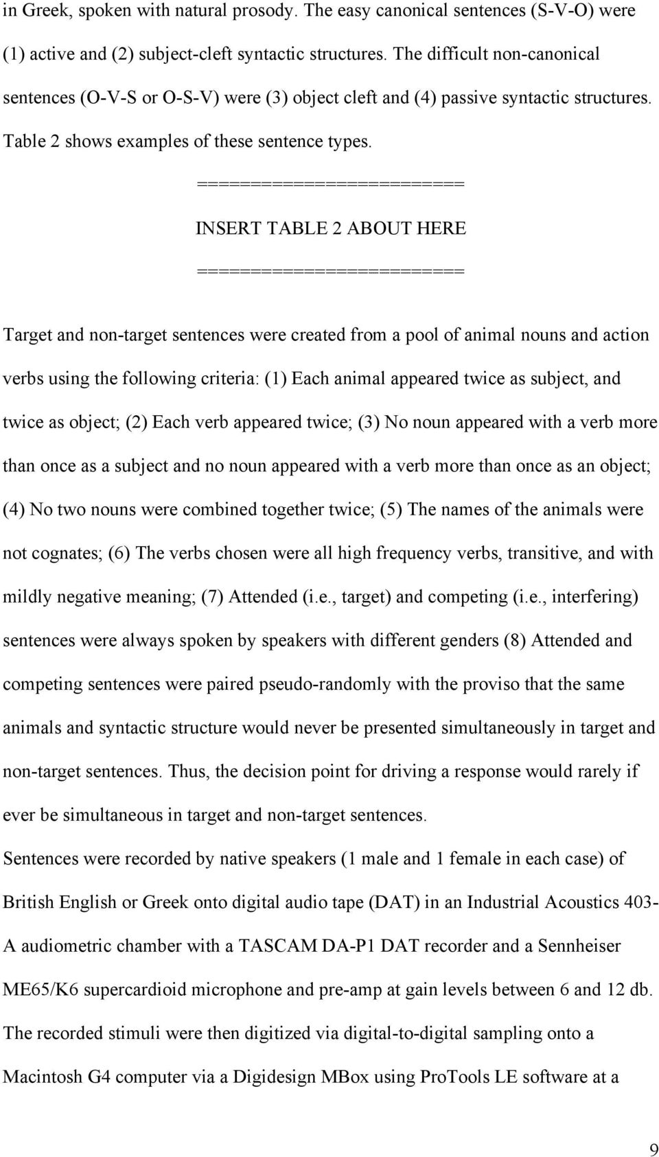 ========================= INSERT TABLE 2 ABOUT HERE ========================= Target and non-target sentences were created from a pool of animal nouns and action verbs using the following criteria: