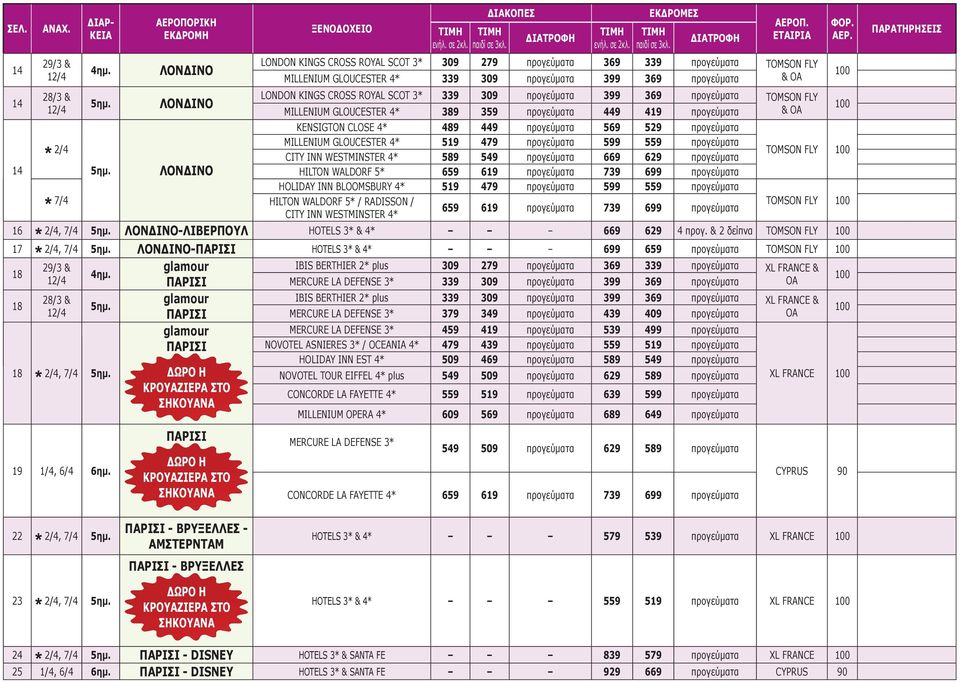 SCOT 3* 339 309 προγεύματα 399 369 προγεύματα ΤΟΜSON FLY MILLENIUM GLOUCESTER 4* 389 9 προγεύματα 449 419 προγεύματα & OA KENSIGTON CLOSE 4* 489 449 προγεύματα 569 529 προγεύματα 2/4 MILLENIUM