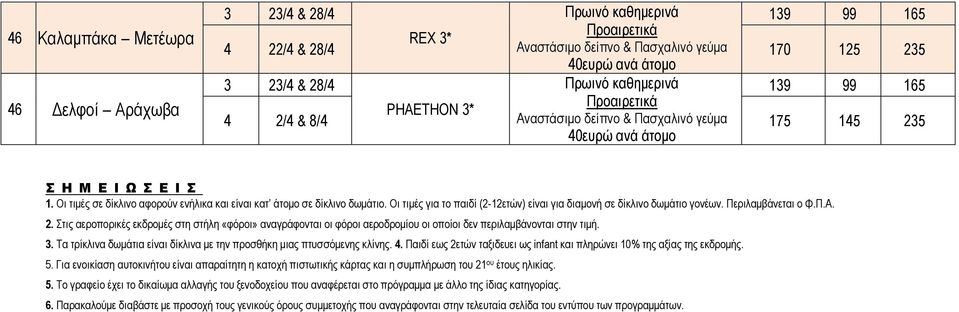 Περιλαμβάνεται ο Φ.Π.Α. 2. Στις αεροπορικές εκδρομές στη στήλη «φόροι» αναγράφονται οι φόροι αεροδρομίου οι οποίοι δεν περιλαμβάνονται στην τιμή. 3.